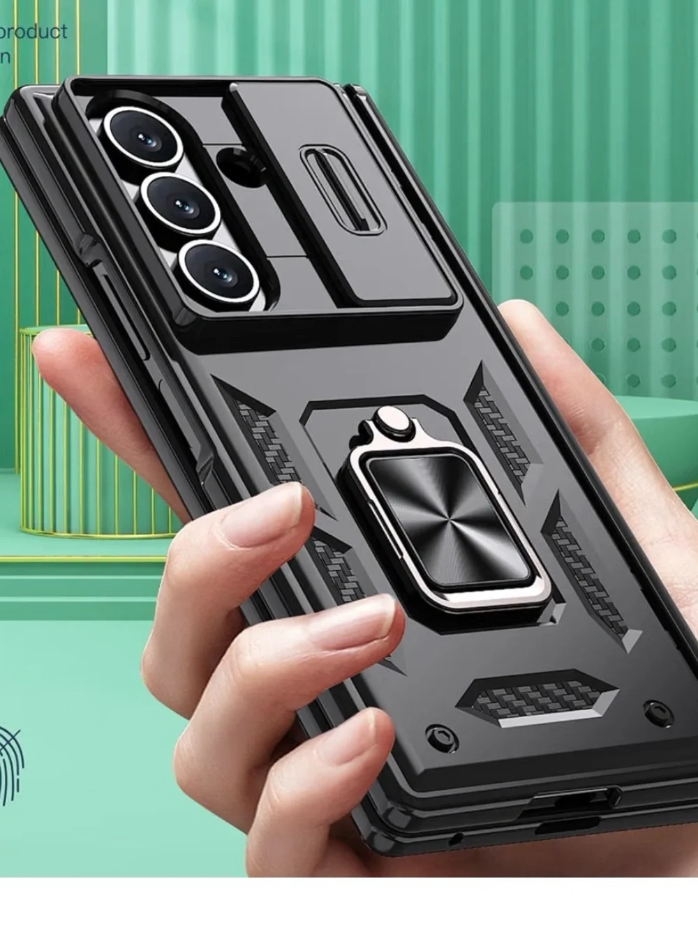 Galaxy Z Fold 7 Case with sliding camera lens cover RJ black magnetic ring stand